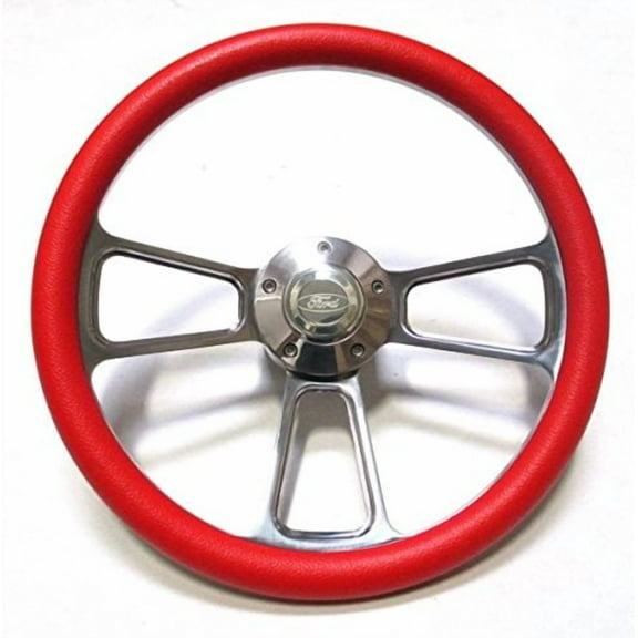 Ford Red Steering Wheel 14" Billet Muscle Style Wheel Ford Logo Engraved Horn