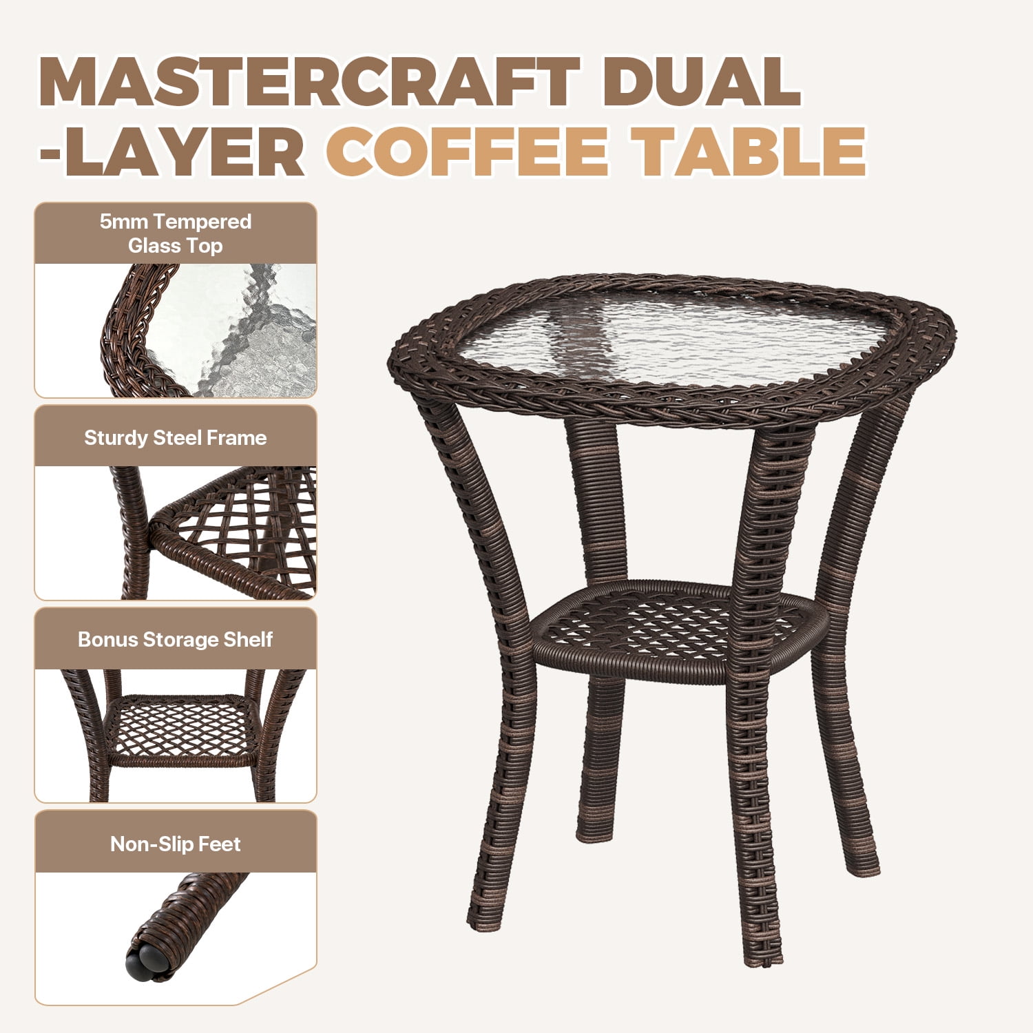 BaPiPro 3pcs Patio Furniture Set, Outdoor Rattan Swivel Gliders Rocker, Wicker Patio Bistro Set with Rocking Chair, Glass Top Side Table, Beige