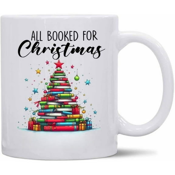 All Booked for Christmas Mug Ceramic Coffee Mug Xmas Tree Book Colored Lights Coffee Tea Cup, Cute Xmas Gifts for Christmas Family, Candy Cane, White 11oz 15oz