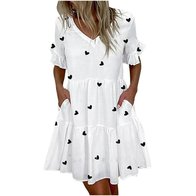 Fridja Robe Décontractée pour Femme à Col en V, à Volants, à Manches Courtes, Imprimée, avec Poches