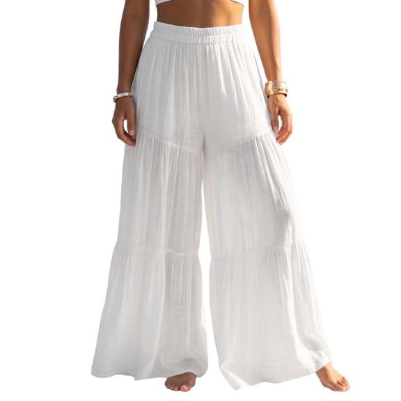 vdgthytj Wide Leg Pants for Women Elastic High Waist Baggy Lightweight Cotton Linen Beach Vacation Trousers(X-Large,White)