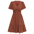 thumbnail image 1 of Women Solid Color V Neck Ruffled Short Sleeve Pleated Layered Mini Dress(Brick-Red L), 1 of 4
