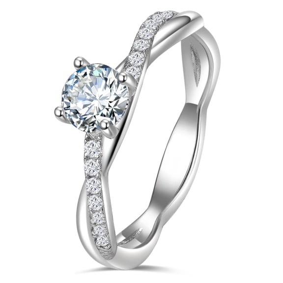 KIJ 0.63 Carat Round Cut Double Twisted Band Moissanite Ring, 14K White Gold Plated 925 Sterling Silver Hypoallergenic VVS1 Gra Certified Gifts for Women