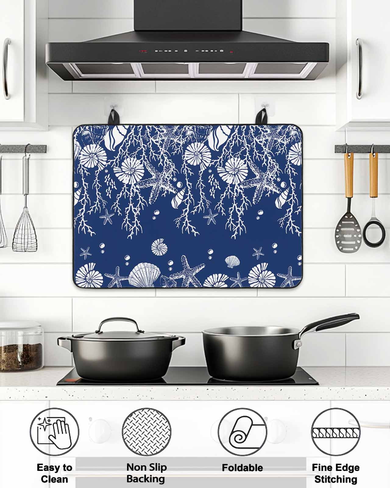 Stove Top Covers for Electric Stove, Navy Blue Coastal Glass Stovetop Cover Protector, Starfish Coral Ocean Conch Sea Nautical Induction Cooktop Protector Oven Mat for Kitchen Countertop 24"x21"