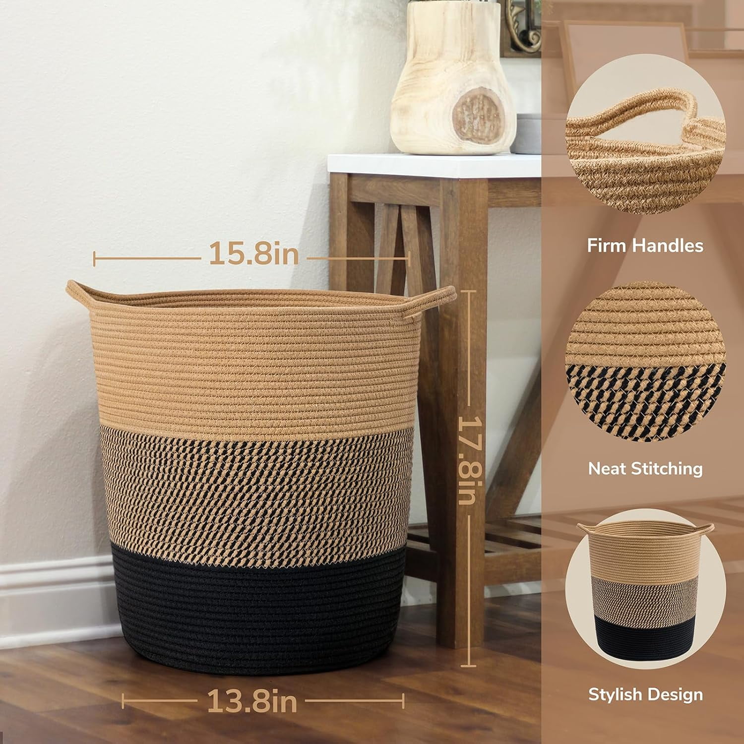 Laundry Basket Large Laundry Hamper, Woven Baskets for Storage, 17.8" x 15.8" x 13.8", Wicker Laundry Basket for Living Room, Dirty Clothes Basket, Baby Hamper for Nursery, Black & Jute