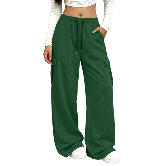 Resicozy Parachute Cargo Pants Women Lightweight Baggy Hiking Pants Y2k Drawstring Elastic Waist Pants with Pockets Dark Green 3XL
