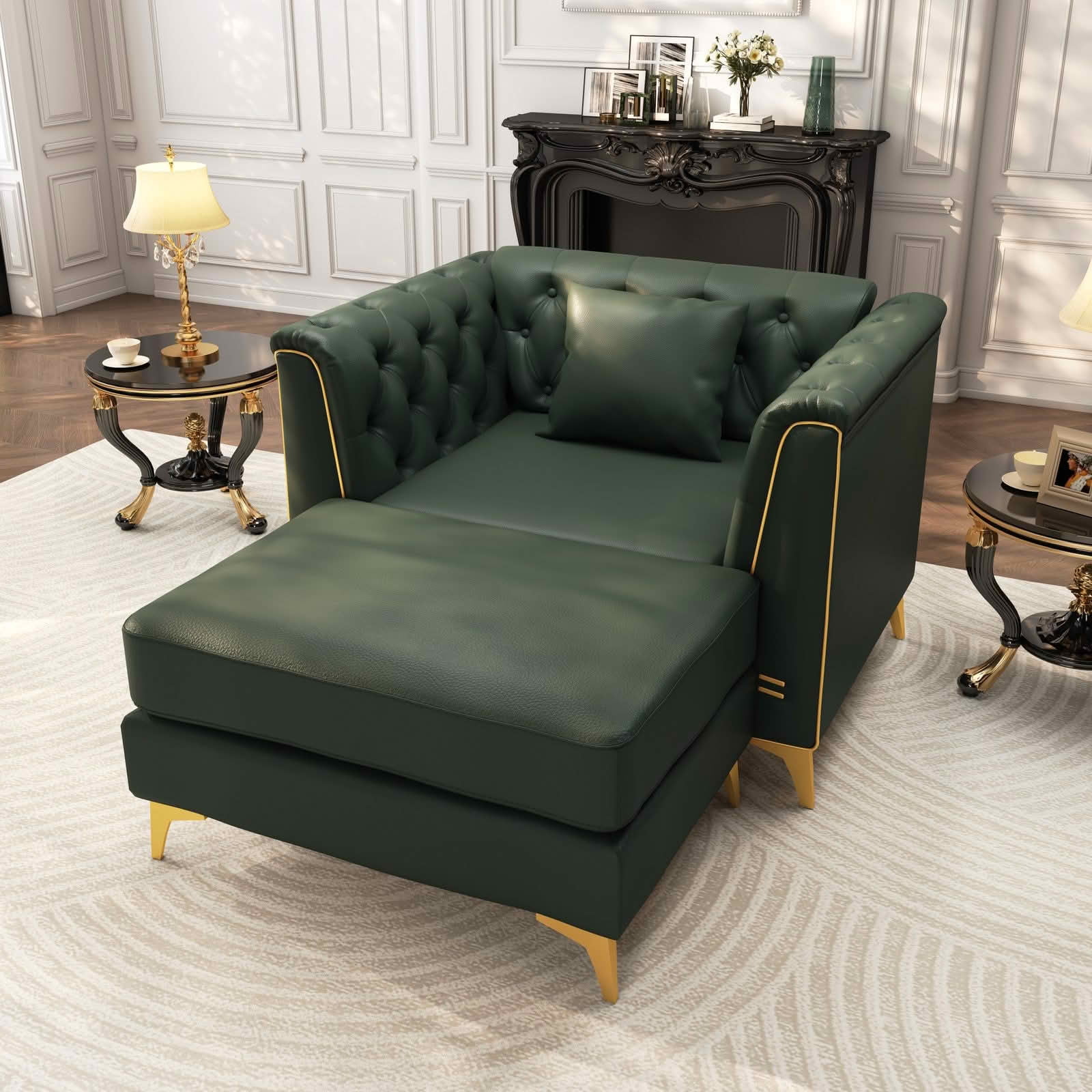 MAYEERTY 40.1" Light Luxury Modular Chesterfield Single Sofa with Ottoman, Faux‑Leather Chair with Button Tufting, Metal‑Trim Armrest & Slim Metal Legs, 1 Pillow Included