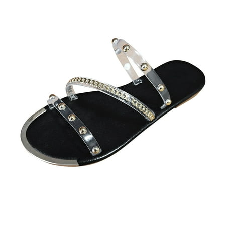 

KI-8jcuD Fisherman Sandals for Women Ladies Fashion Summer Transparent Metal Chain Decorative Flat Bottom Open Toe Sandals Slipper Socks for Women Gri Black9