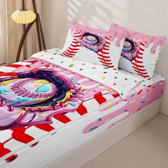 Homewish Pink Baseball Gloves Zipper Twin Comforter Sets with Fitted Sheet and 2 Pillowcases for Kid, Ice Cream Drip Zipper Bedding Set, Polka Dots Reversible, 4 Pieces