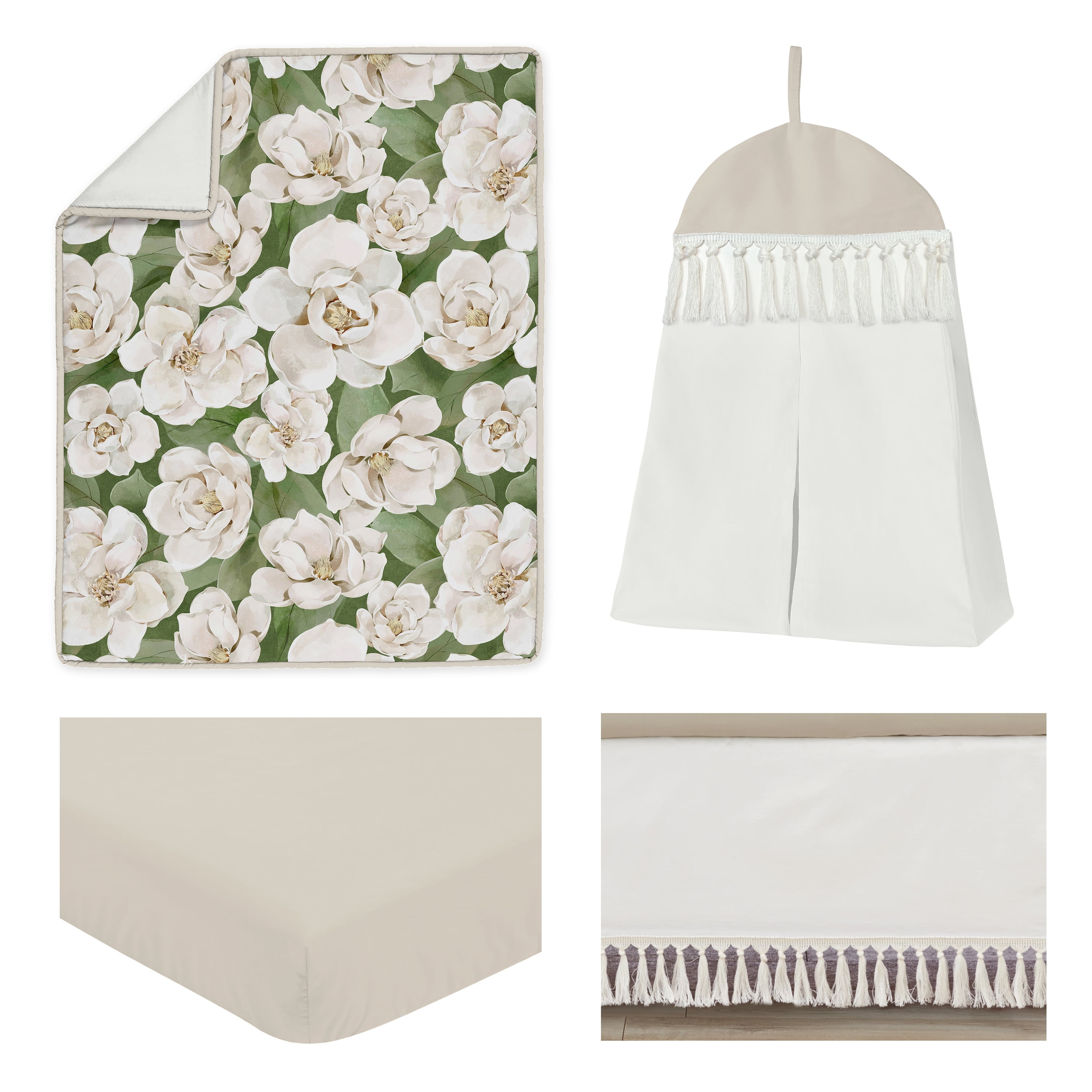 Sweet Jojo Designs Watercolor Magnolia Green Ivory and Taupe 4 Piece Crib Bedding Set