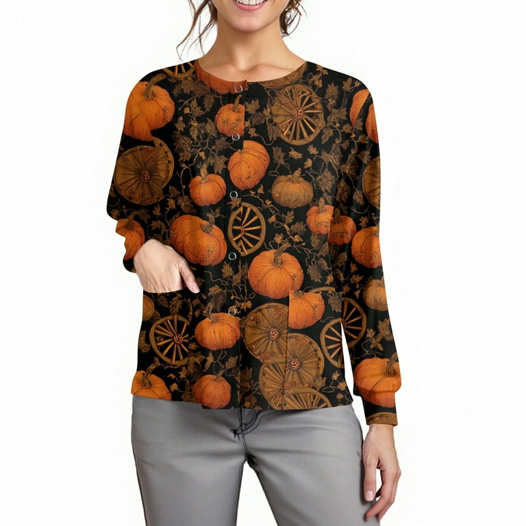 Button Down Long Sleeve Scrub Jackets for Women Cute Halloween