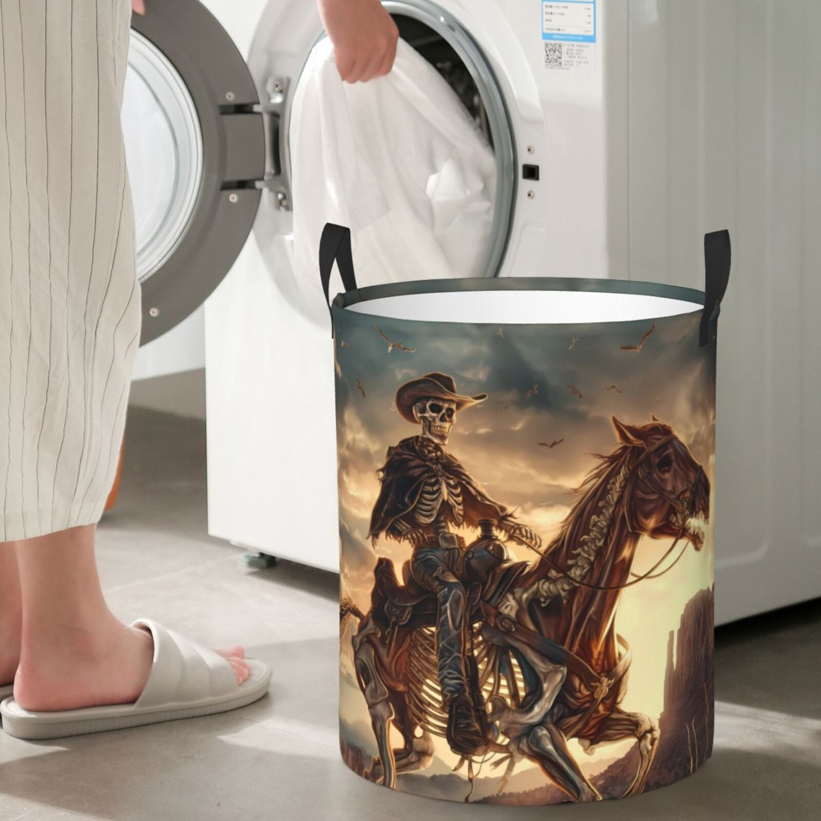 Large Laundry Basket with Handles - Western Skeleton Cowboy Horse Kids Baby Dirty Clothes Laundry Hamper for Bedroom Aesthetic