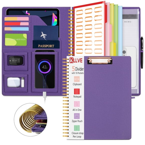 Portapapeles tipo folio KLLVE, color morado, con bolsa de almacenamiento con cierre y 5 carpetas