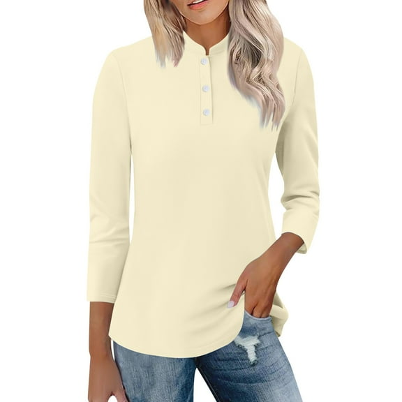 Breezora Women's Stand Collar 3/4 Sleeve Button Down Shirt Breathable Comfortable Basic Top for Office Casual Wear and Spring Outfits L Size Beige
