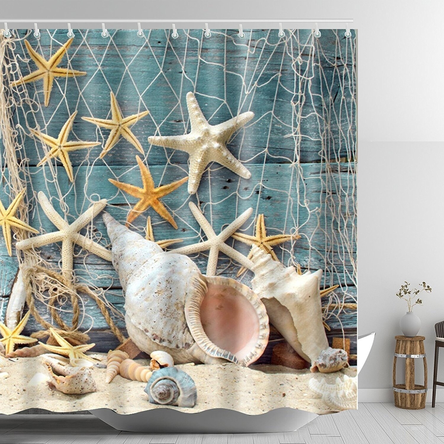 Vinyl Boutique Shop Starfish Shower Curtain Fishing Seashell Beach