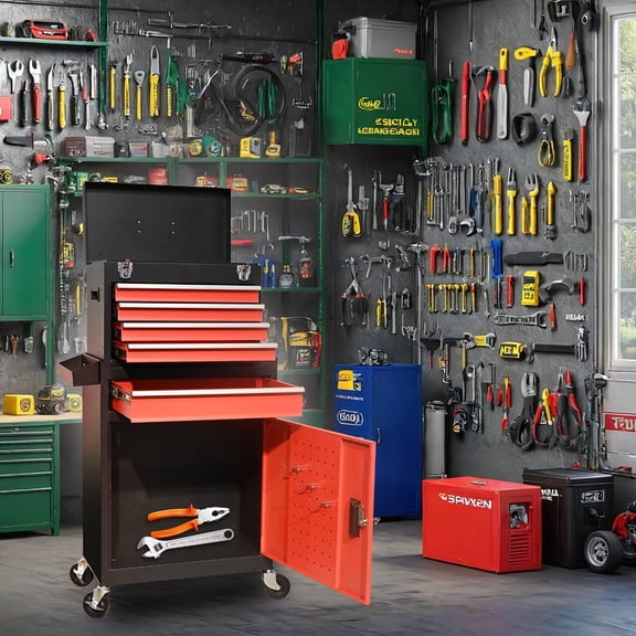NIGSQJB Five-Drawers Rolling Tool Chest with Wheels & Lock, 2-IN-1 Detachable Tool Cabinet Storage, High Capacity Metal Tool Cart with Toolbox for Garage Workshop Warehouse, Repair Shop, Black Red