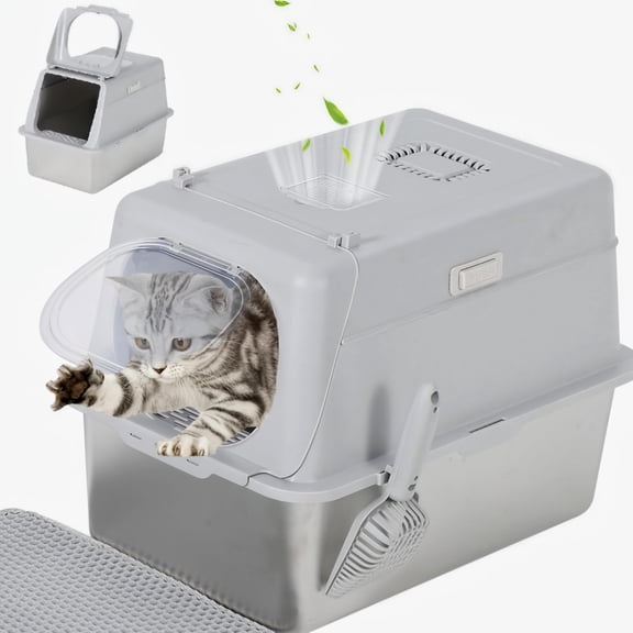 55L Stainless Steel Cat Litter Box with Lid, XL Covered Metal Litter Box, Removable Lid, Non-Stick Odor Resistant Easy Clean, Scoop & Mat, Light Grey