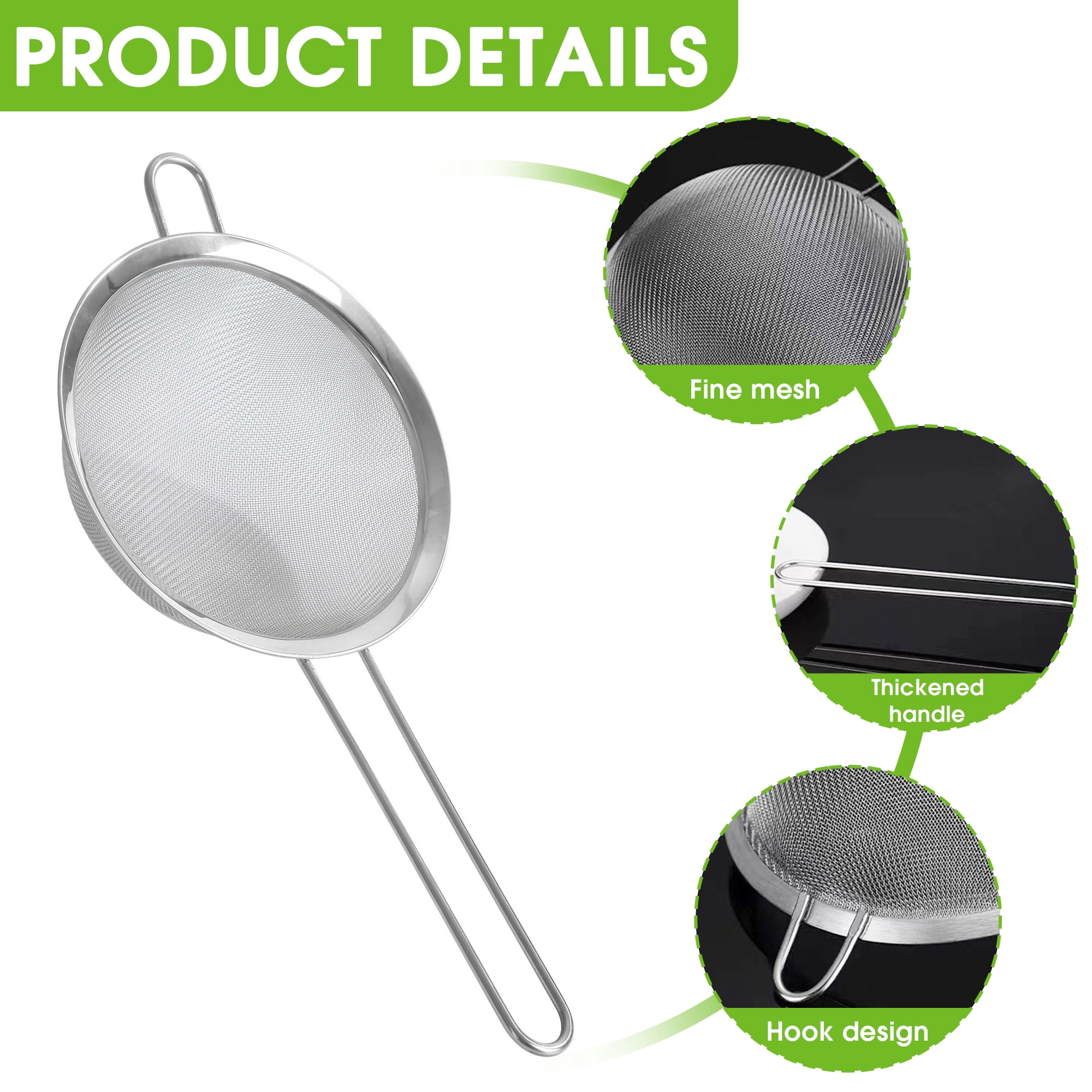 GARITIN 3-Piece Stainless Steel Fine Mesh Strainer Set, 4", 6", and 8", Kitchen Thin Mesh Strainer for Tea Flour Sugar Spices Rice, Small Nesting Strainer for Kitchen