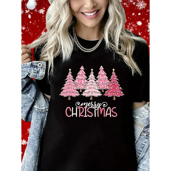 Woman Christmas Shirt Christmas Tree Graphic T-Shirt Pure Cotton Casual Short Sleeve Black Top