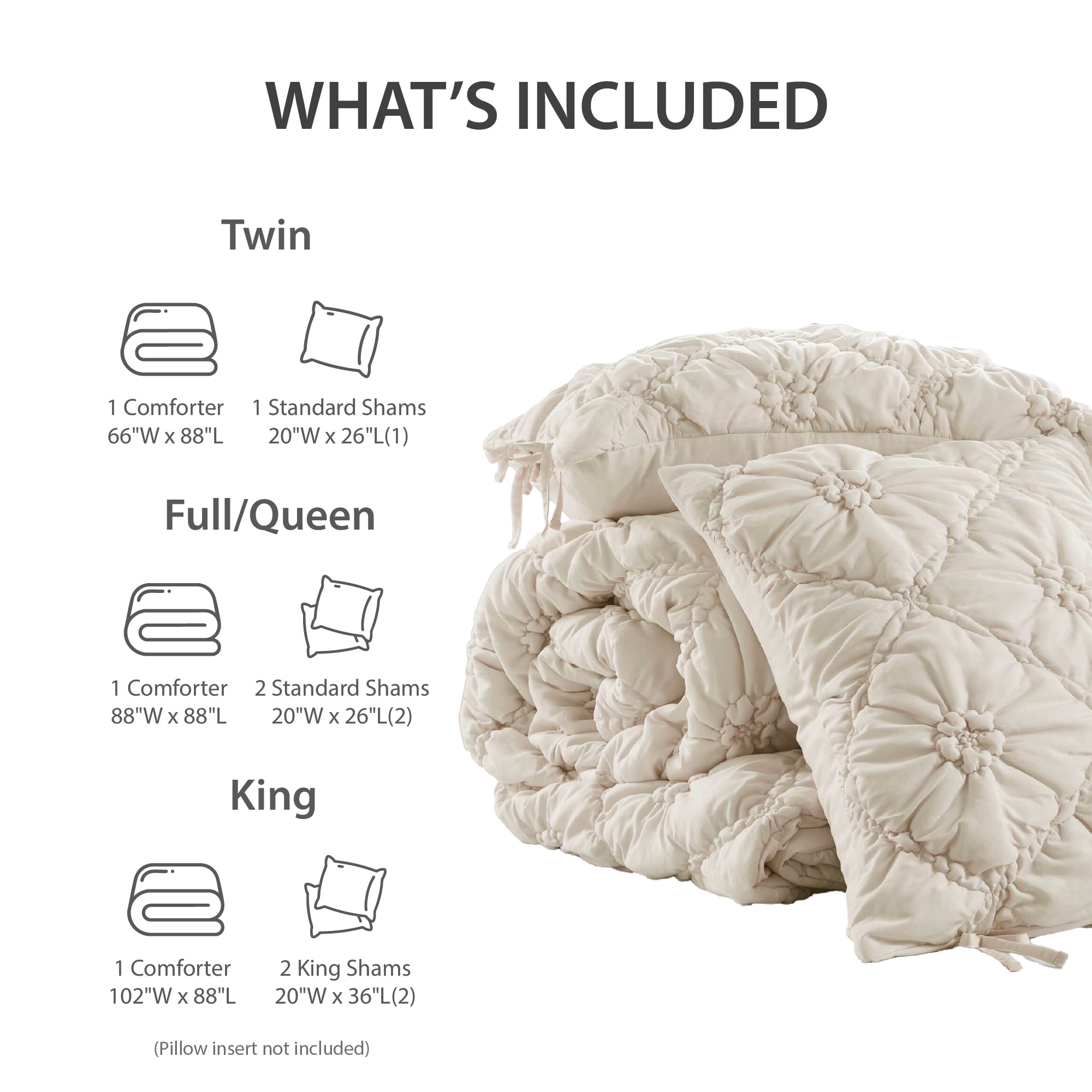 Regency Heights Full/Queen Textured Floral Comforter Set, Puffy Bow Tie Dorm Bedding Sets, 3-Piece Ivory Elastic Ruching Comforter Bed Set with Sham for All Season