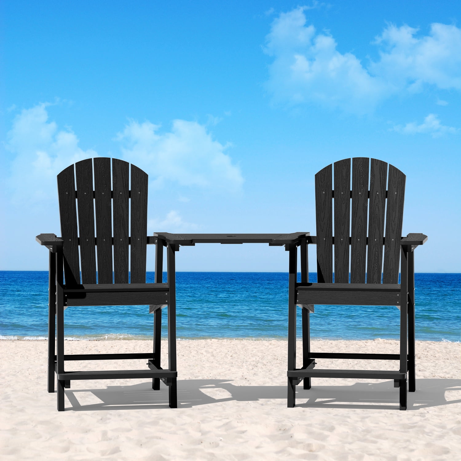 WINSOON Tall Adirondack Chair Set of 2 with Connecting Tray,Outdoor Bar Stools-Black
