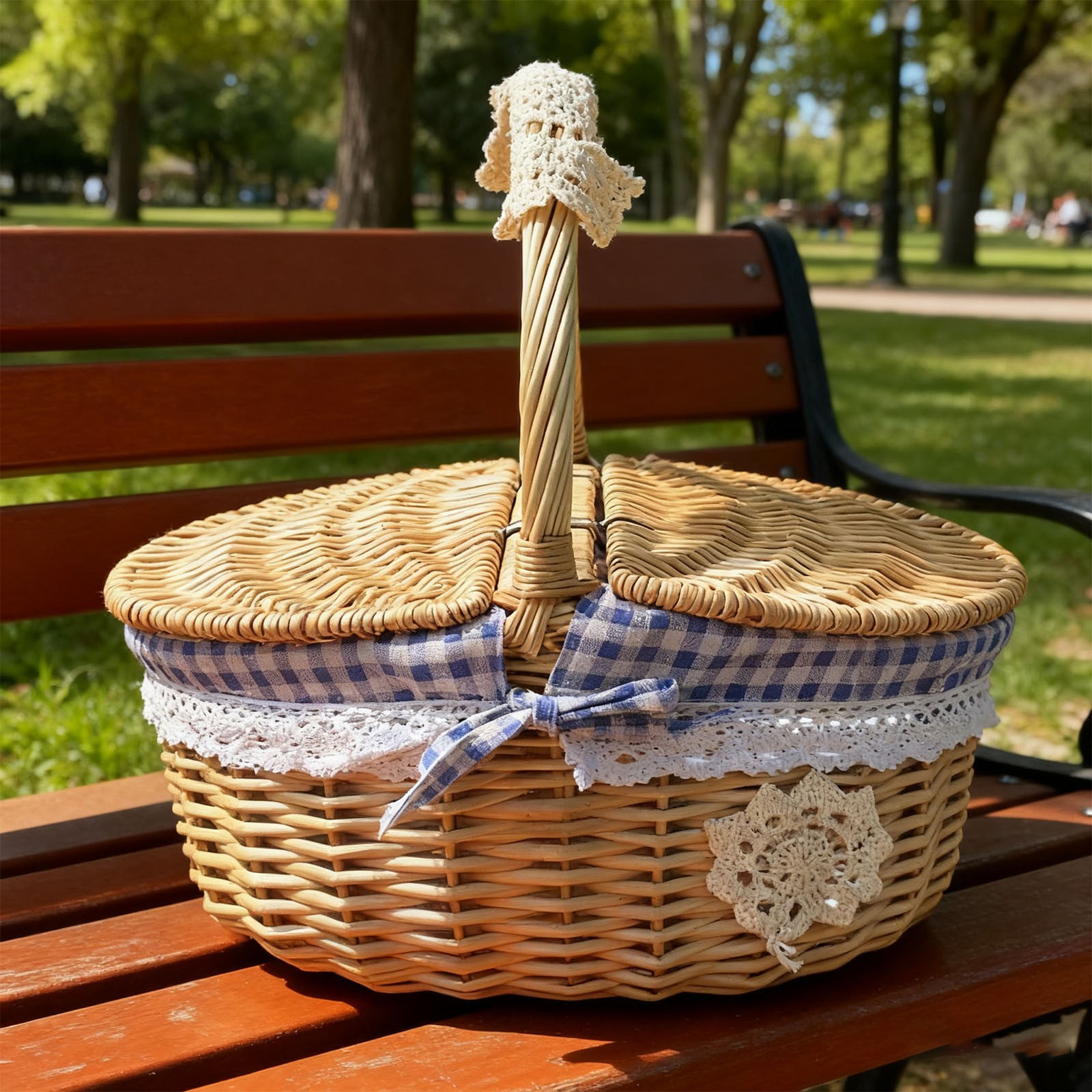 Lidded Oval Picnic Basket, Multi Functional Handle Basket, Ideal for Outdoor Adventures, Photography, Home Decor, Gift Basket for Valentine's Day, Easter, Parties & Celebrations, 10x7x5.9in