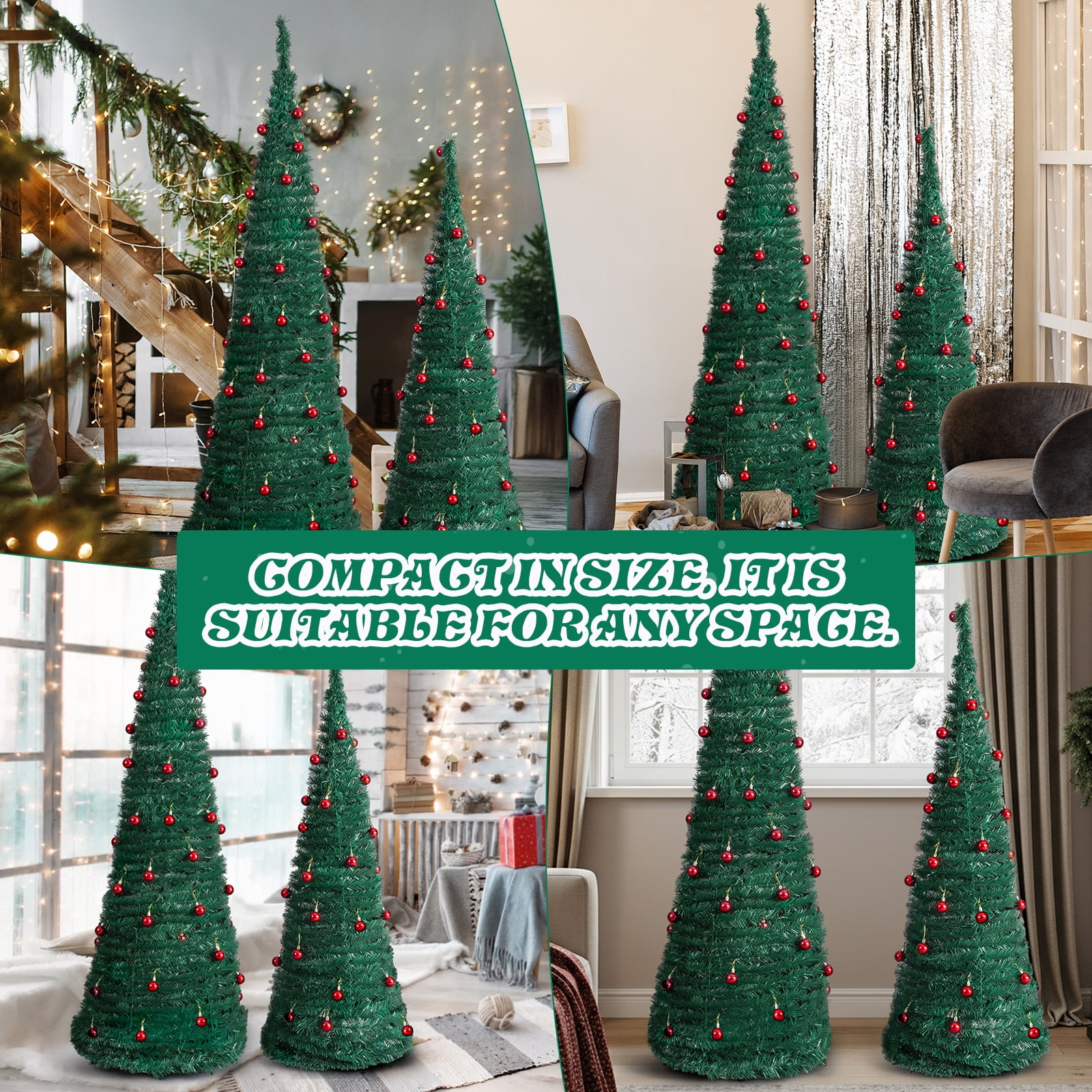 Astoutdoor 2-Pack Artificial Pop-Up Christmas Trees, 6 ft and 5 ft, Green PVC with Red Ball Ornaments
