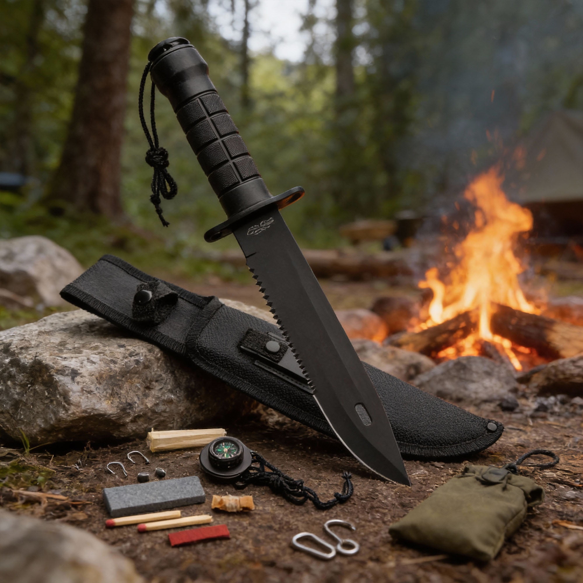 SZCO 15-Inch Survival Field Knife Black 420 Steel Fixed Blade with Saw Back Serrations, Rubberized Grip, and Integrated Emergency Survival Kit