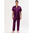thumbnail image 2 of Conjunto de pijama de satén para hombre, ropa de dormir, manga corta, con botones, ropa de noche, conjunto de ropa de estar Borgoña Morado M, 2 of 5