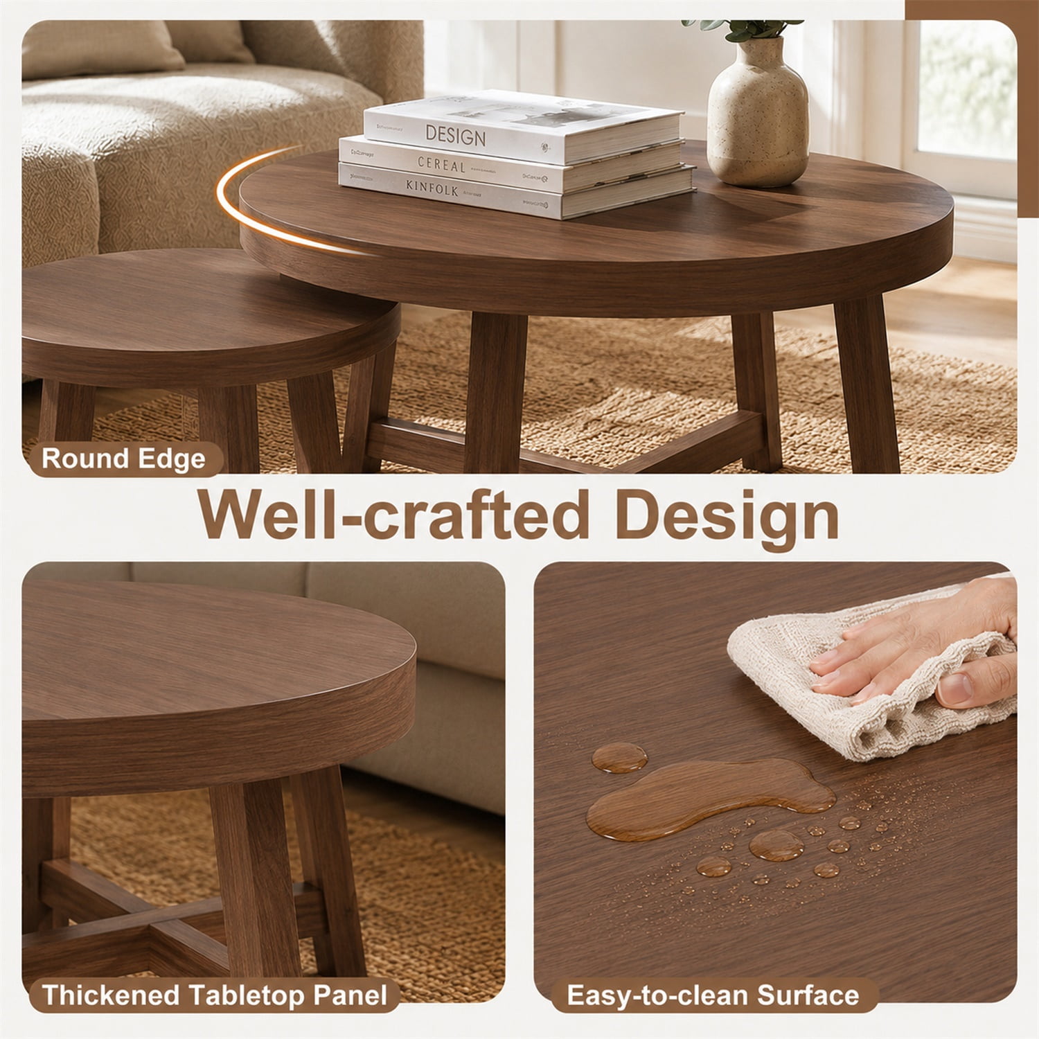 Hommoo 2-Piece Round Nesting Coffee Tables Set, Modern X-Frame Stackable Side Tables for Living Room, Bedroom & Balcony, Walnut