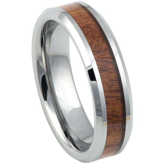 Jewelry Avalanche Beveled Mahogany Wood Inlay Tungsten Carbide Wedding Band Womens, Mens, 6MM, size 5