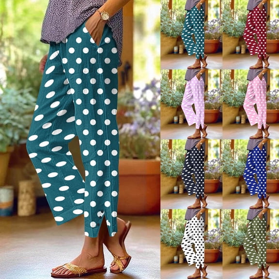 FRSASU Cotton Linen Pants Women Elastic High Waisted Beach Pants Polka Dot Printed Casual Loose Lightweight Wide Leg Trousers with Pockets White