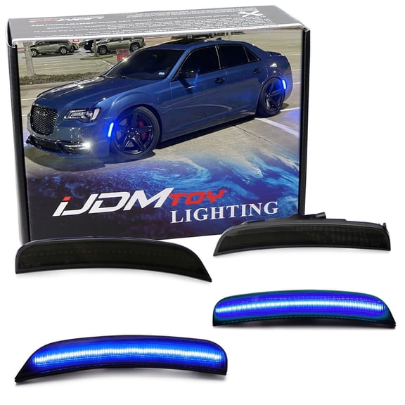 4pc Set Black-Out Smoked Lens All Blue Front & Rear Full LED Side Marker Lights For 2015-2023 Chrysler 300 (Total 180-SMD LED, Replace OEM Amber/Red Lens Sidemarkers)