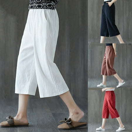 

Taluosi Summer Women Elastic Loose Wide Leg Straight Solid Color Capri Pants Trousers