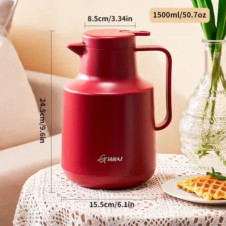 1pc Red Thermal Insulation Pot 1500ml/50.7oz Large Capacity Teapot Household Insulated Kettle Glass Inner Boiling Water Small Tea Pot