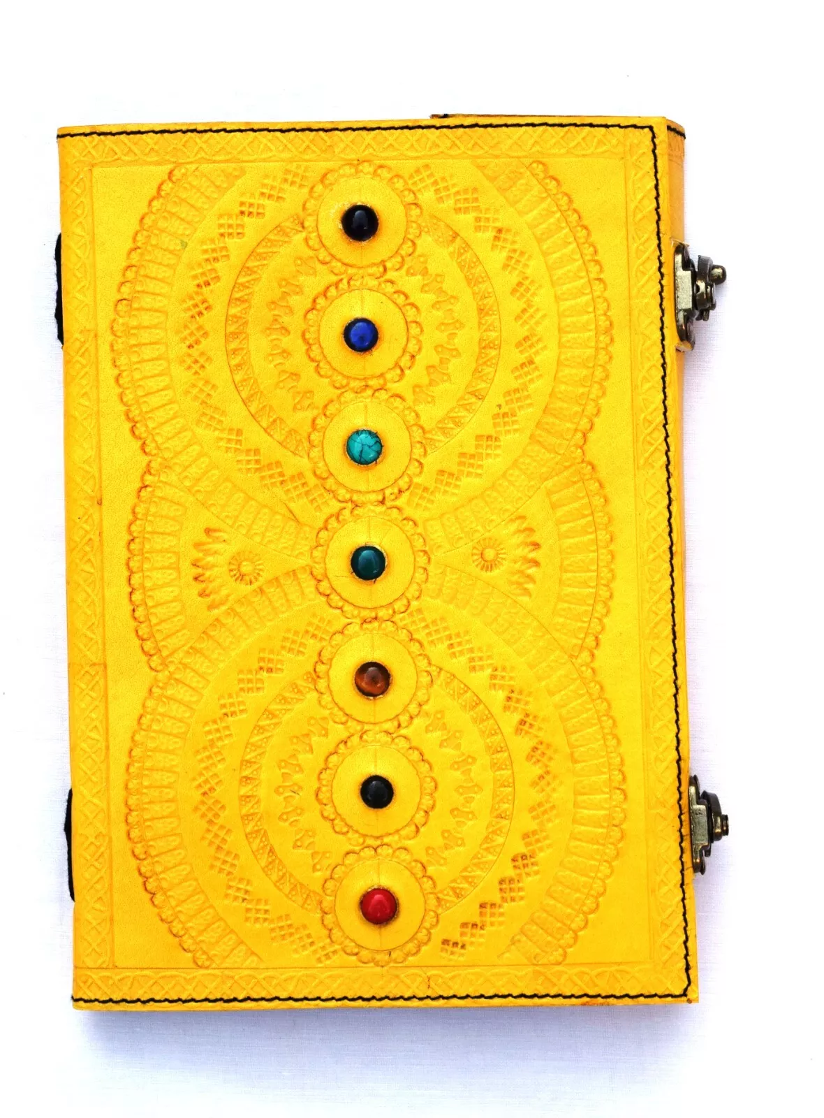 Handcrafted Embossed Design Vintage Leather Bound Journal Seven Stone Grimoire Yellow Diary Blank Notebook For Men & Women