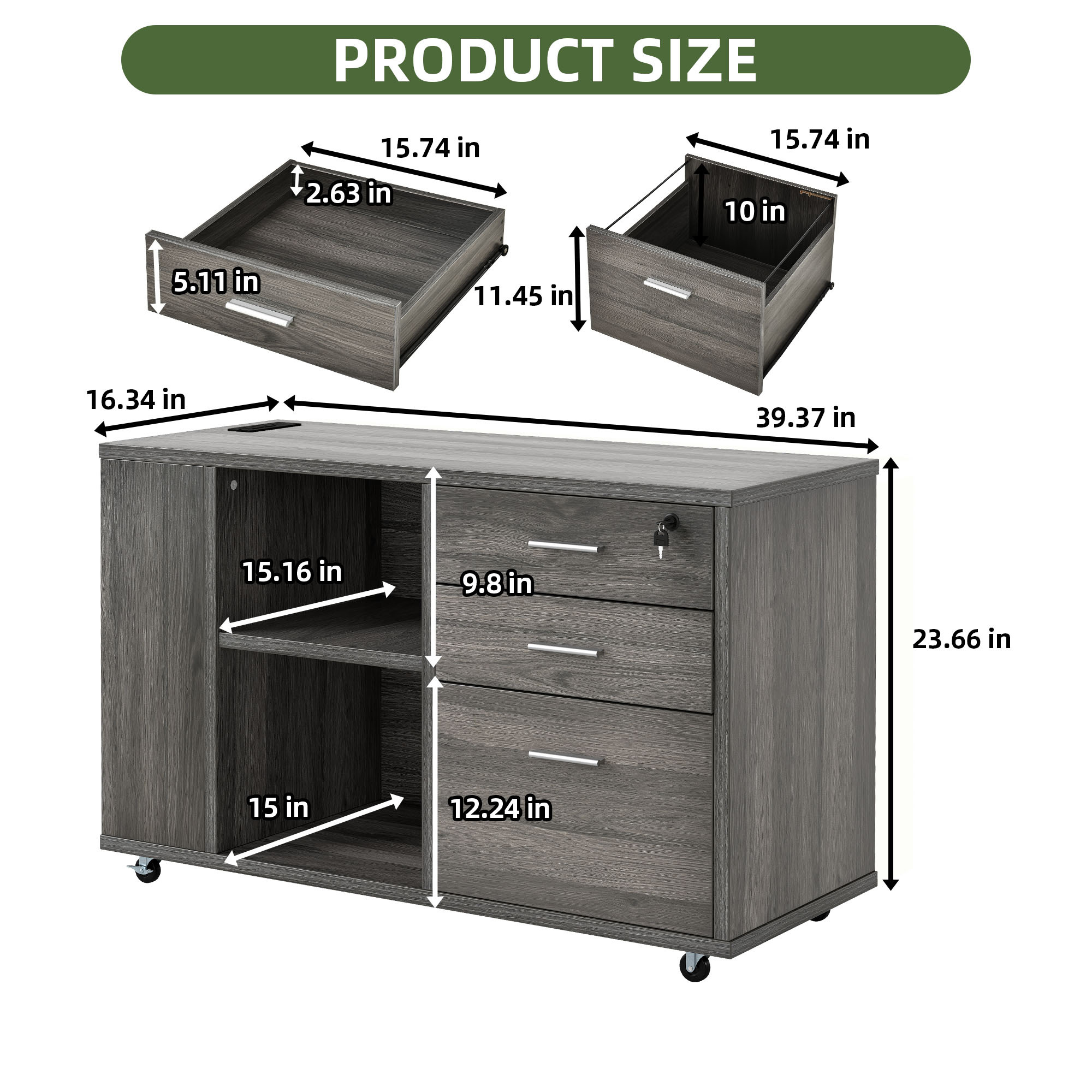 Uforic Mobile File Cabinet with Charging Station, Wood Lateral Filing Cabinet with Lock Printer Stand Fits A4 Letter Legal Size Files