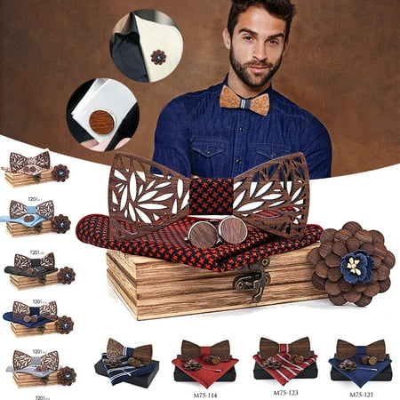 Design Silk Bow Tie Mens Wooden Bow Tie Set Men Handkerchief wood Bowtie Cufflinks Necktie Silk Ties For Business Wedding Party with Gift Box ()