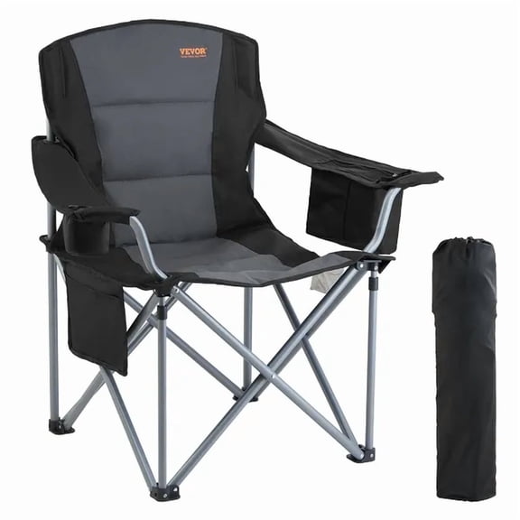 Portable Heavy Duty Camping Folding Chair for Adults with Lumbar Back Support Padded Armrests Side Pockets Cup Holder and Cooler Bag for Outdoor Beach Lawn Picnic Fishing Backpacking Black