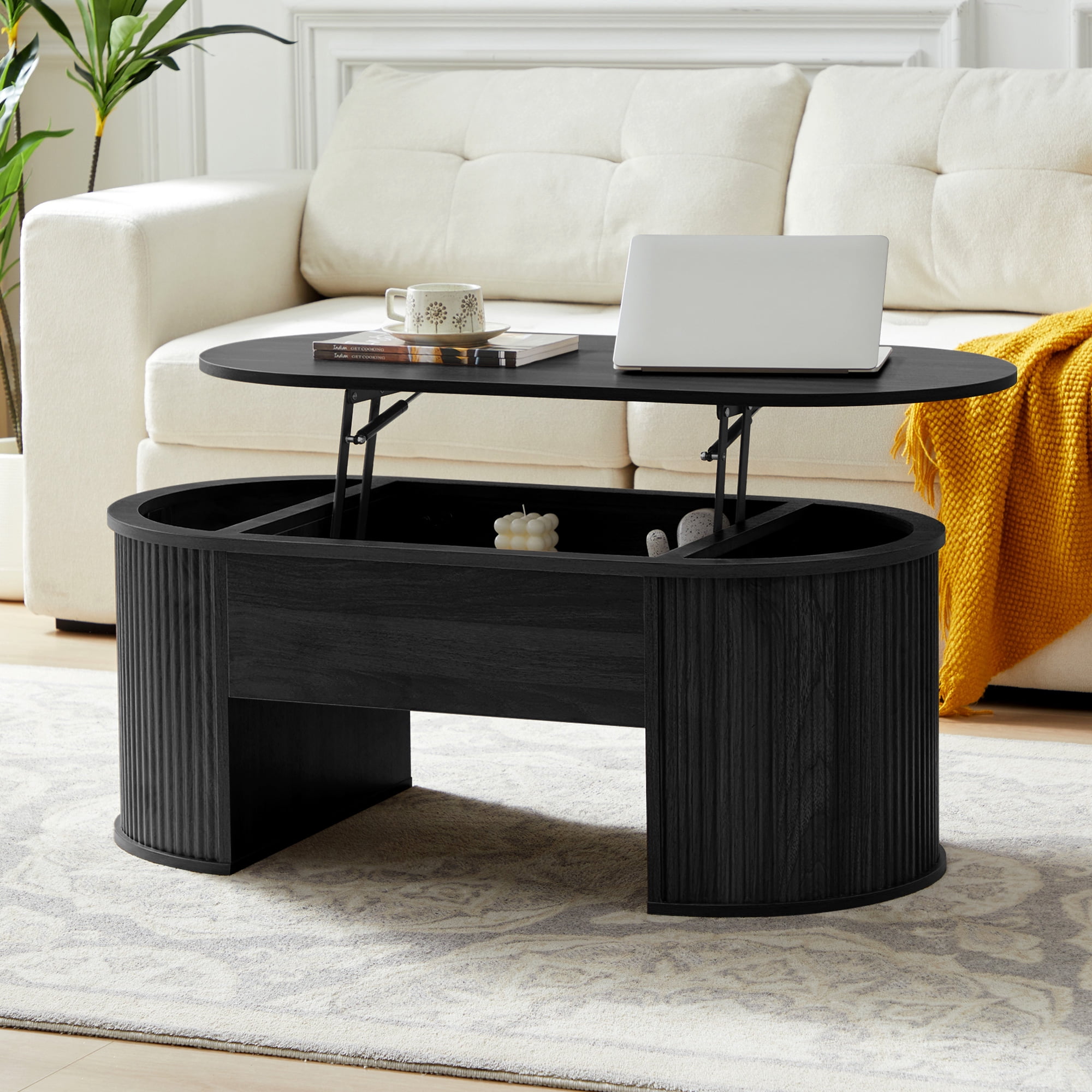Wirrytor Lift Top Coffee Table with Storage and Open Storage Shelf, Oval Coffee Table  for Living Room, Elliptical Arc Design,Waveform Panel, Fluted Center Table,Black