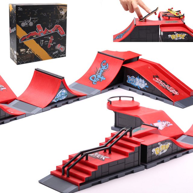 Escena del sitio de la mesa de patineta de dedo, accesorios extraños, conjunto completo de seis cajas de colores, juego de juguetes para niños