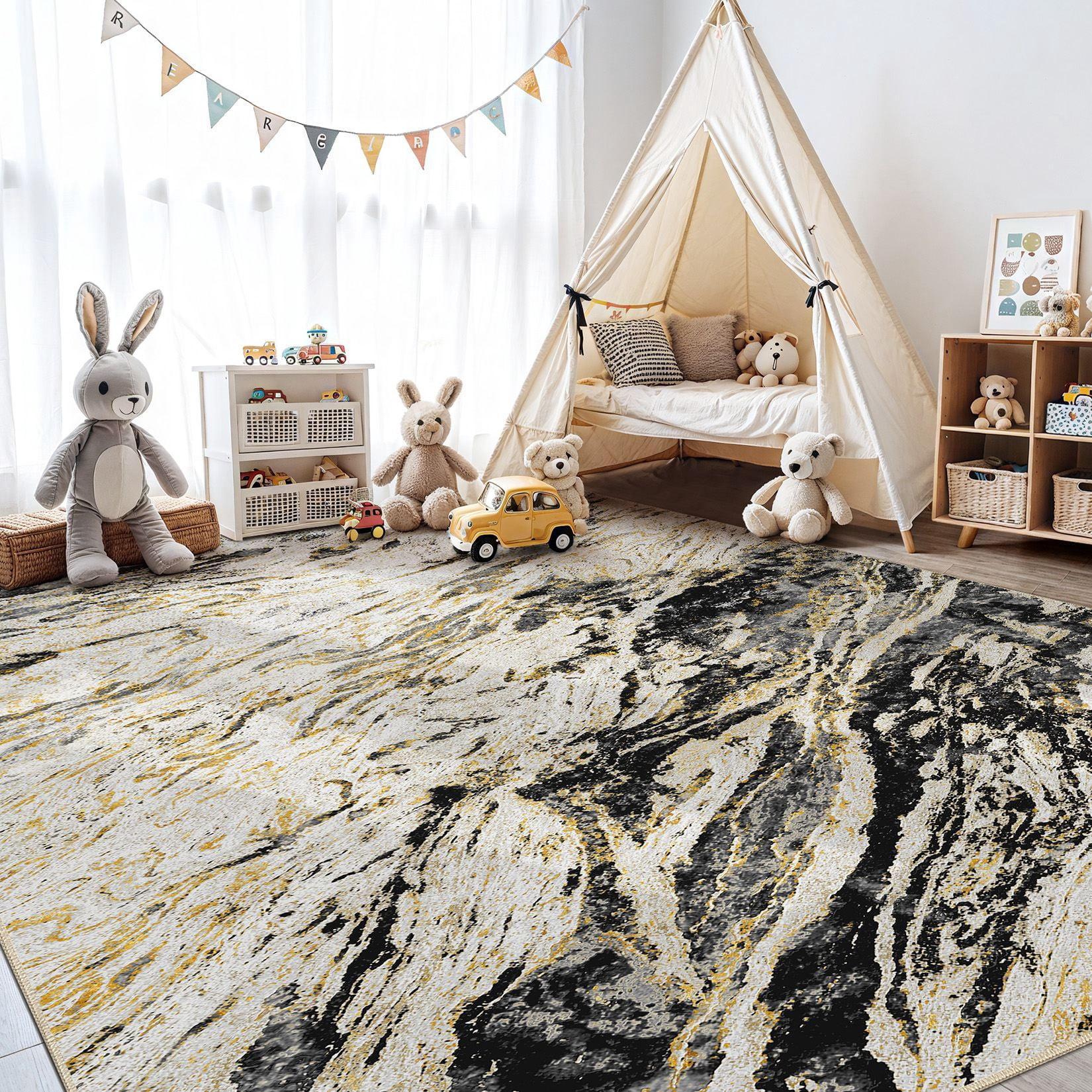 MICGEEK 6x9 Washable Area Rugs for Living Room, Modern Abstract Printed Rug, Vacuum-Friendly, Non Slip Indoor Rug for Bedroom Dining Room Home Decor Carpet, Black/Gold