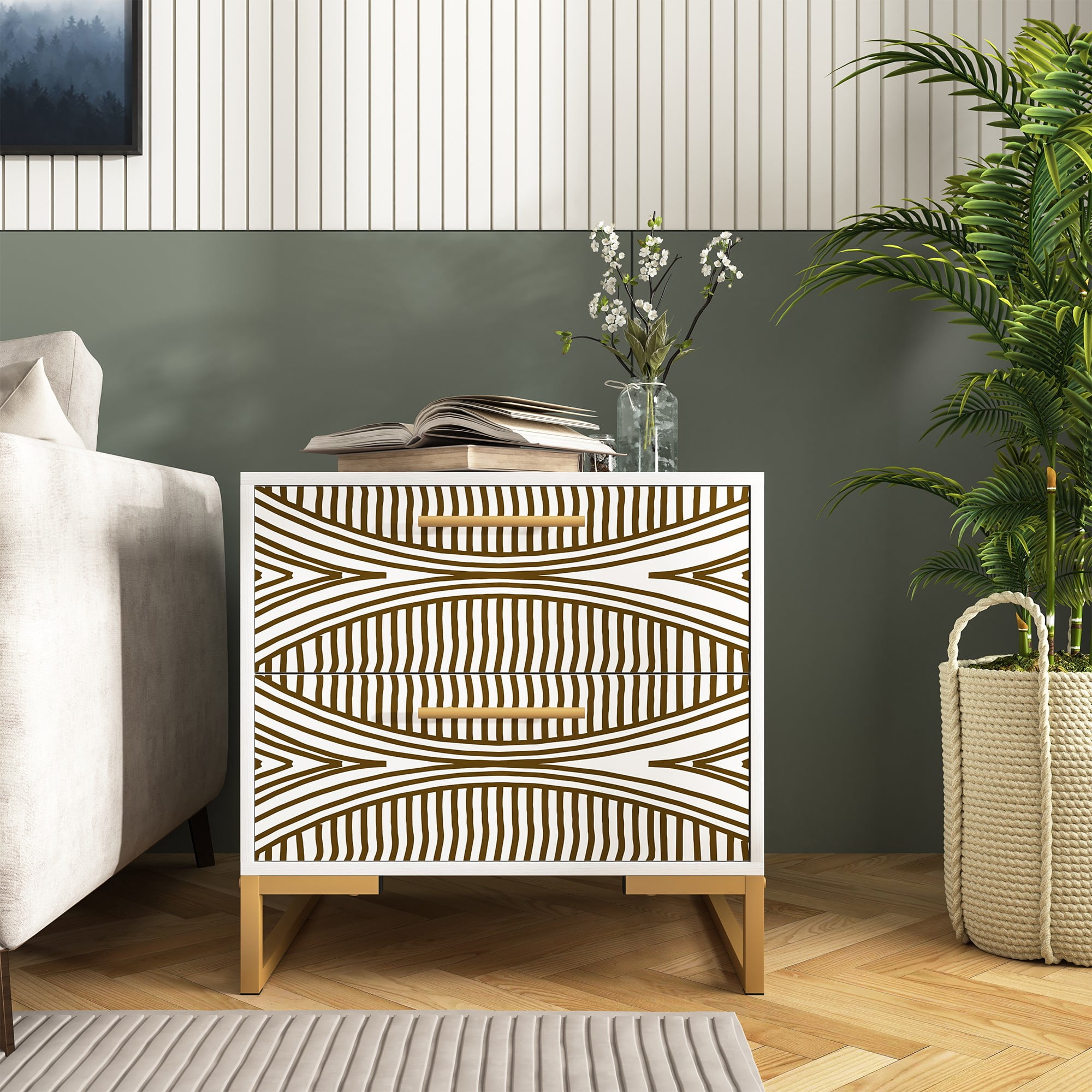 Finihen Modern Nightstand, Side Table with 2 Drawer, 3D Painted Design End Table with Metal Legs for Bedroom, Dorm and Small Spaces, White Finihen Modern Nightstand, Side Table with 2 Drawer, 3D Painted Design End Table with Metal Legs for Bedroom, Dorm and Small Spaces, White