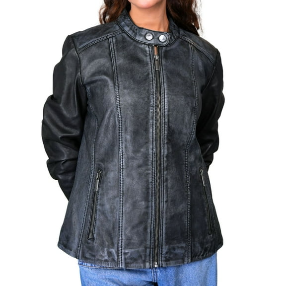 Charles Pearson Women's Gray Leather Moto Jacket , Distressed Cafe Racer Jacket (Regular Fit, M Size)