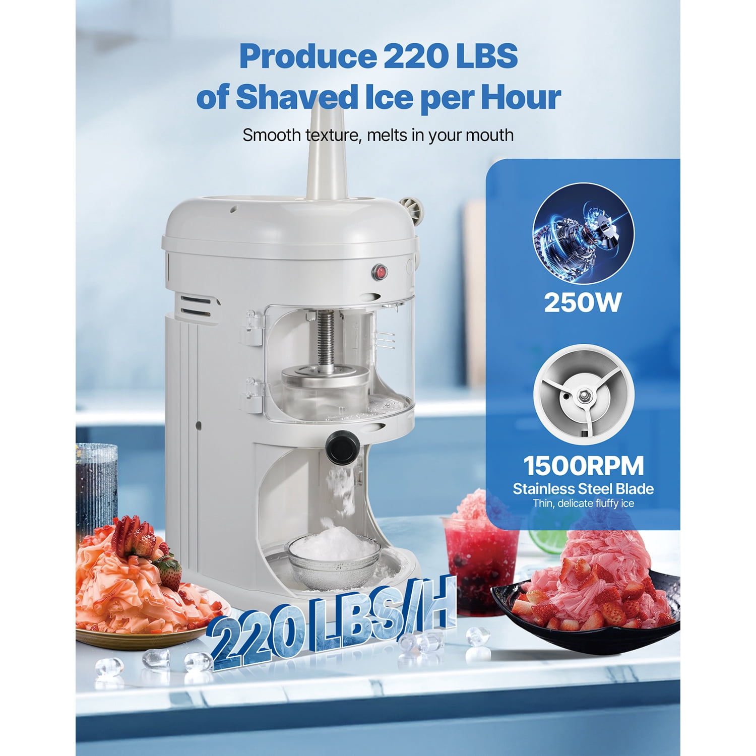 KFFKFF Electric Ice Shaver and Crusher, 220lbs/hr Fluffy Ice & Snow Cone Maker, 250W 1500RPM Tabletop Shaved-Ice Machine for Home, Events, and Snack Bars (White)