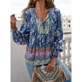 thumbnail image 4 of Women'S Casual Boho V Neck Top Loose Floral Printed Long Sleeve Beach Shirts Blouses Navy Blue XL, 4 of 8