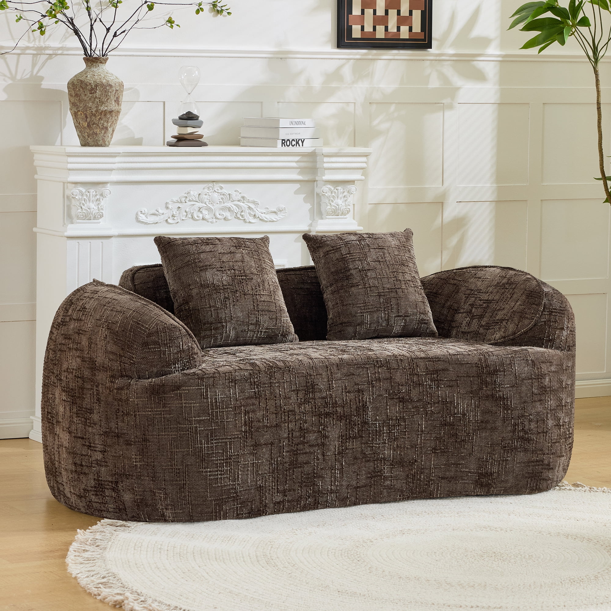 Leumius 66" 2 Seater Sofa Compress Sofa with Armrests & 2 Pillows,No Assembly Required,Compact Sofa Couch for Small Apartments,Living Room,Bedroom,Brown