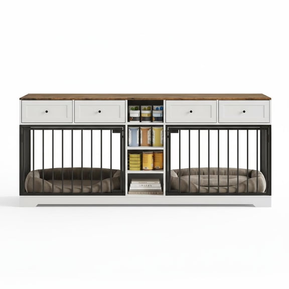 Double Dog Crate Furniture for 2 Medium or Large Dogs – 82'' Heavy Duty Indoor Wooden Kennel with 4 Storage Drawers & 4 Shelves – Pet Bed Sofa & TV Stand – Classic Washed White