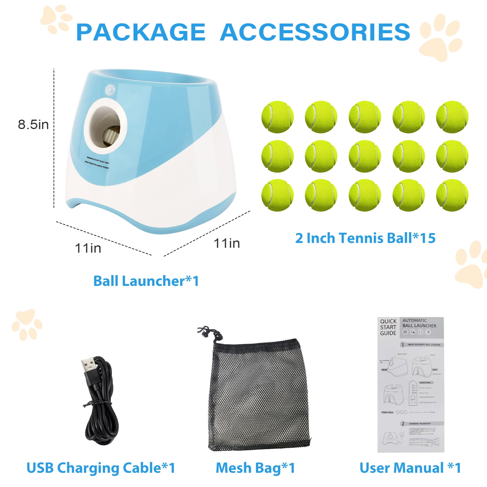 Automatic Dog Ball Launcher for Small Dogs, Indoor/Outdoor Interactive Dog Toy,USB Rechargeable Ball Thrower,10-30 Ft,Includes 15 Mini Tennis Balls,Blue