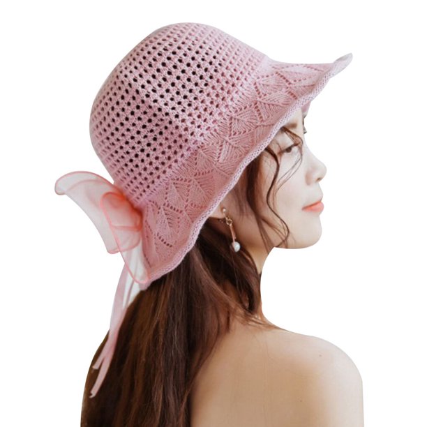 Sonducket Sombrero de paja con lazo, tejido ahuecado hecho a mano, cinta parasol para mujer, accesorios de verano Sombreros Rosa